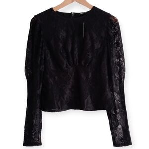 EXPRESS Women's Lace Long Sleeve Sheer Gathered Chest Sheer Sleeve. XS/TP. Black